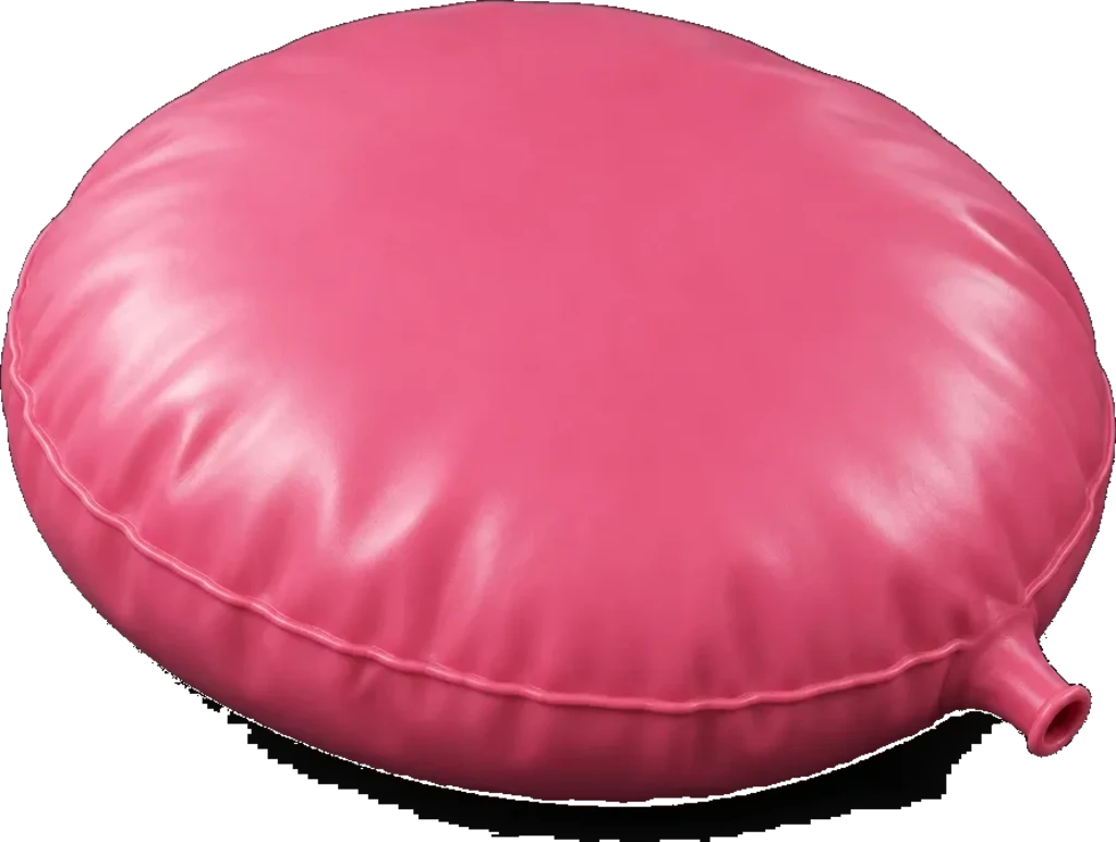 Photorealistic inflated pink rubber whoopee cushion with a stitched seam and inflation nozzle